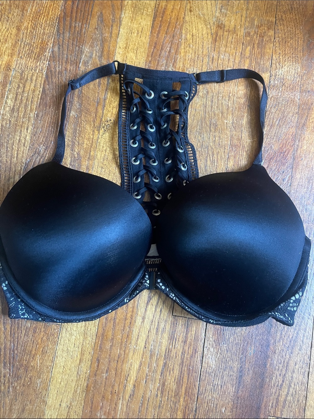 Victoria's Secret Black Lace-Back Push-Up Bra with Corset Lacing